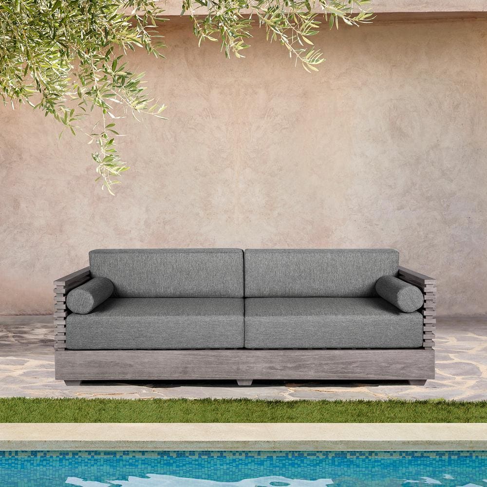 Vivid Light Gray Eucalyptus Wood Outdoor Couch with Light Gray Cushions