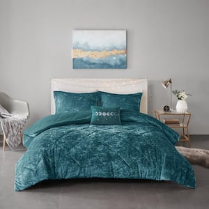 Isabel 4-Piece Teal Velvet King/Cal King Soft Velvet Lustrous Comforter Set with Throw Pillow