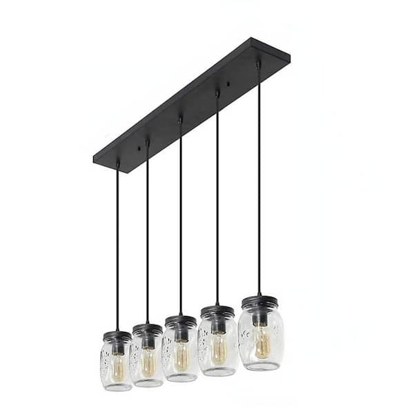 OUKANING 40-Watt 5-Light Black Glass Mason Jar Island Pendant Light with Clear Glass Shade, No Bulbs Included