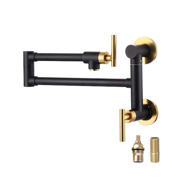 VEVETTA Wall Mounted Pot Filler 2-Handles Kitchen Faucet with 360° Spout Swivel in Black and Gold