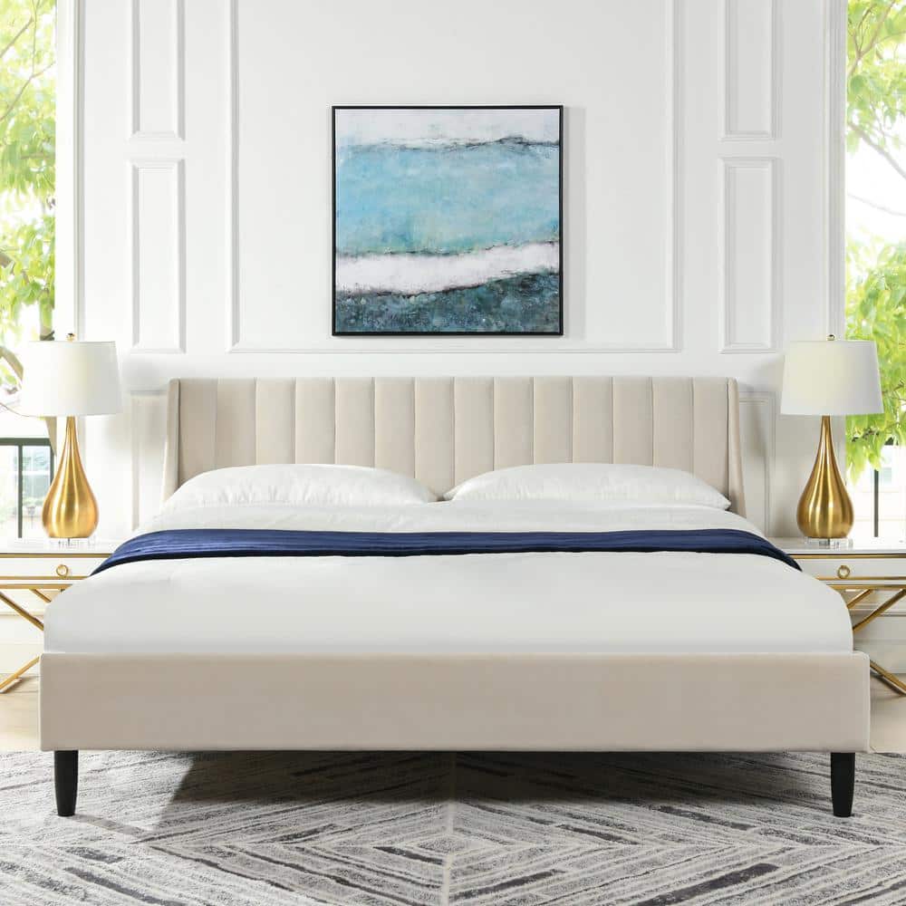 Aspen French Beige Velvet Upholstered King Platform Bed with Tufted Headboard