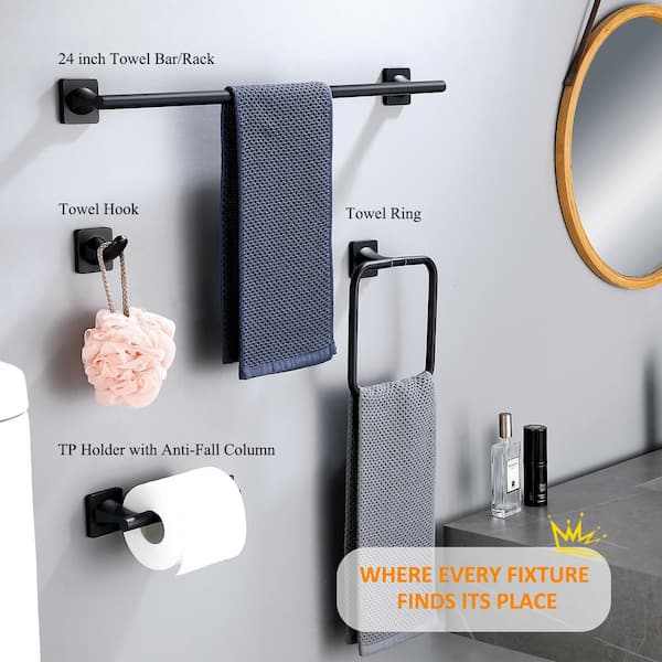 5-Piece Wall-Mount Bath Hardware Set with 24 in. Towel Bart TP Holder Towel Ring 2 Towel Hooks in Matte Black