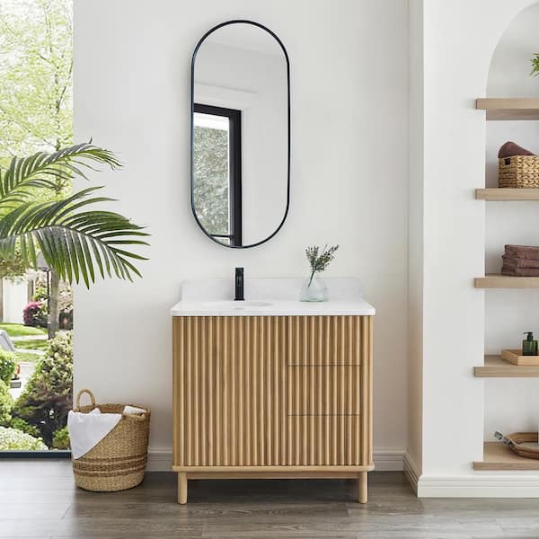 ROSWELL Seoul 36 in.W x 22 in.D x 33.8 in.H Single Bath Vanity in Washed Ash Grey with White Grain Stone Top