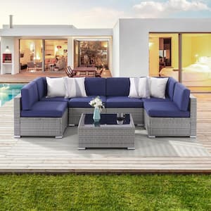 7-Piece PE Rattan Wicker Outdoor Patio Furniture Set Sectional Sofa Sets with Royal Blue Cushion