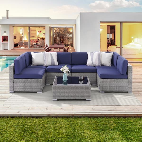 Sonkuki 7-Piece PE Rattan Wicker Outdoor Patio Furniture Set Sectional Sofa Sets with Royal Blue Cushion