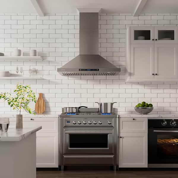 FIREGAS Range Hood 30 Inch, Stainless Steel Wall Mount Kitchen Hood 450 CFM  with 3 Speed Exhaust Fan, Ducted/Ductless Convertible, Stove Vent Hood for