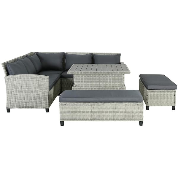 Unbranded 6-Piece Gray Wicker Outdoor Sectional Set with Gray Cushions and Liftable Table