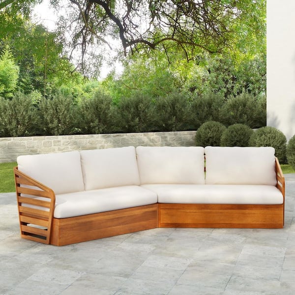 Mabel Patio 2-Piece Solid Wood Outdoor Sectional Sofa Set with Beige Cushions, Teak Finish