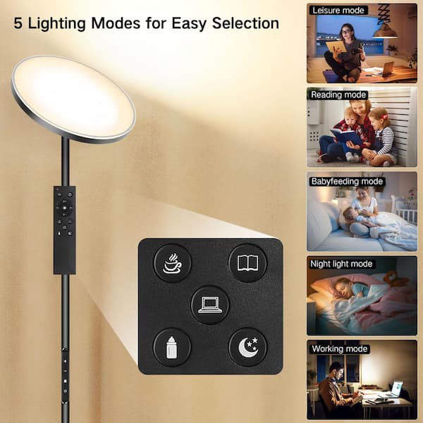 71 in. Black Industrial Dimmable LED Torchiere Floor Lamp with Adjustable Head and Color Temperature Control