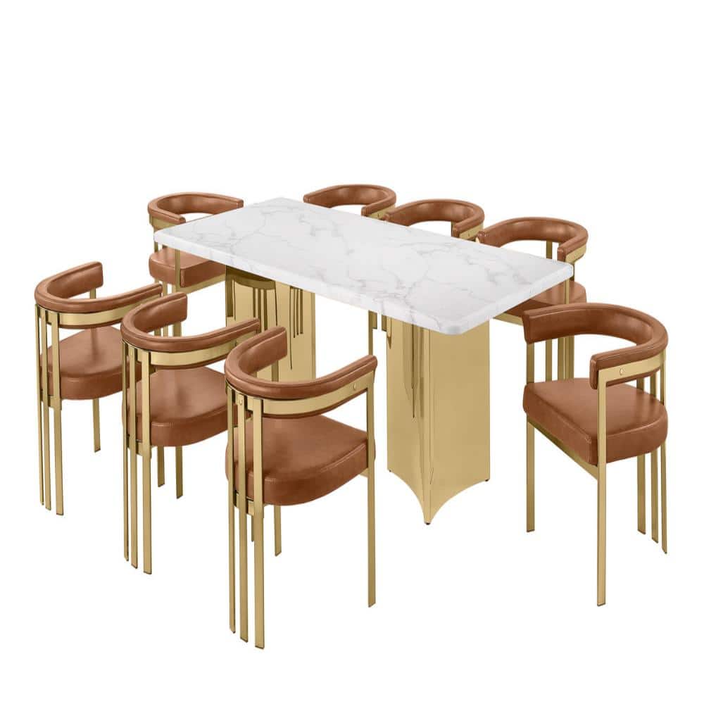 Judy 9-Piece Rectangle White Marble Top Gold Stainless Steel Base Dining Set With 8 Toffee Color Chairs price history on PriceWatchPro