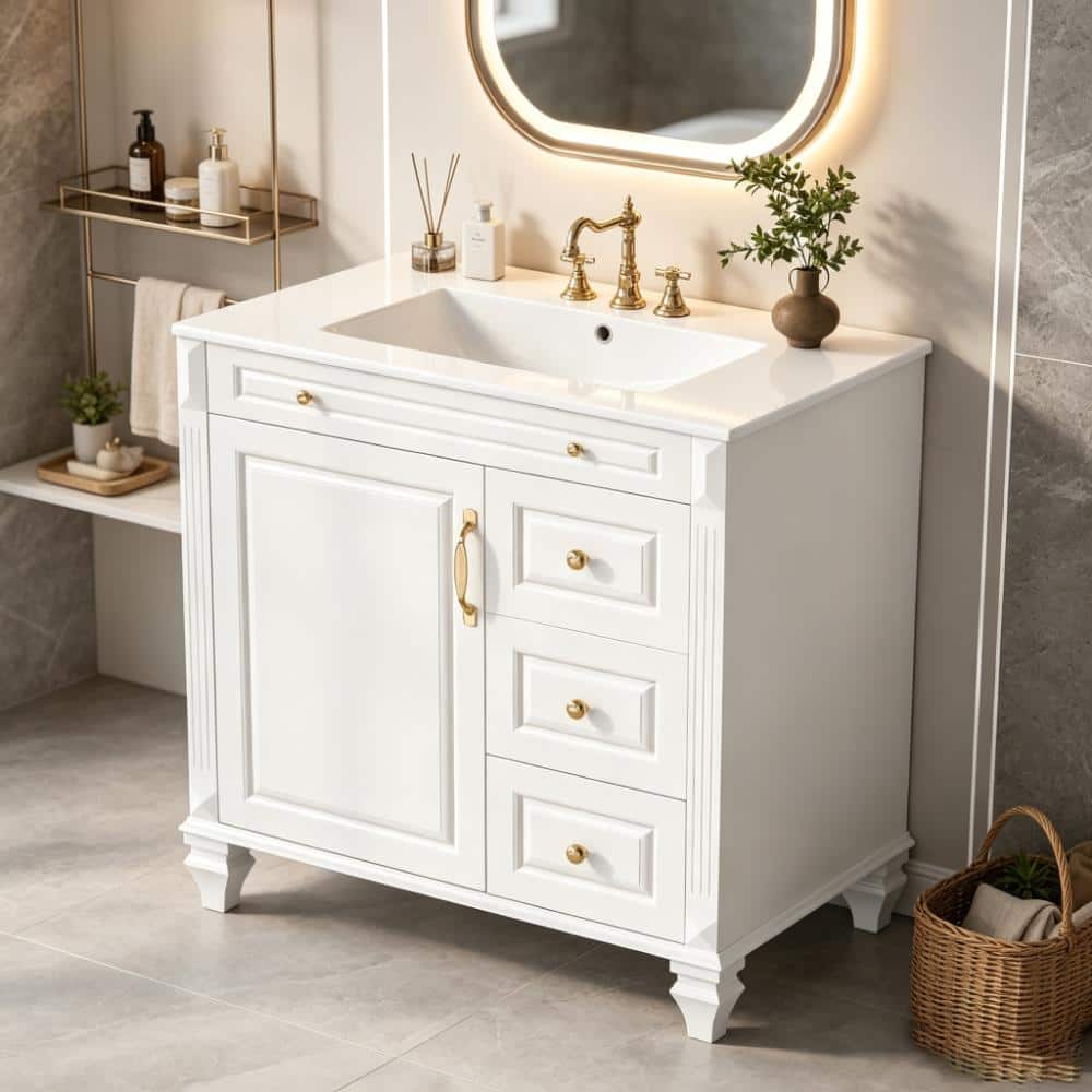 30 in. W White Freestanding Bath Vanity with White Ceramic Top Sink,Flip-Out Drawer, 3 Drawers price history on PriceWatchPro