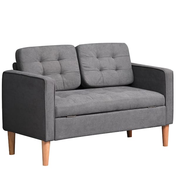HOMCOM 46 in. Grey Polyester 2-Seat Sofa with Underneath Storage Chest and Wooden Legs