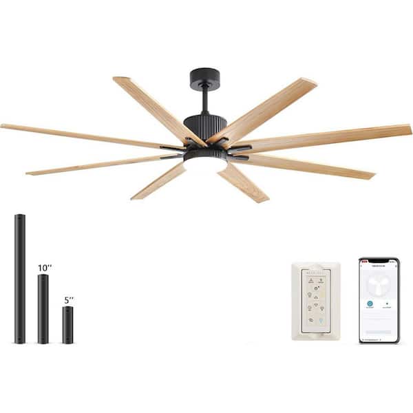 76 In. Brown Wood Ceiling Fan With Dimmable 3 Color Led, 8 Solid Wood Blades Remote Control Reversible,Downrod Mount