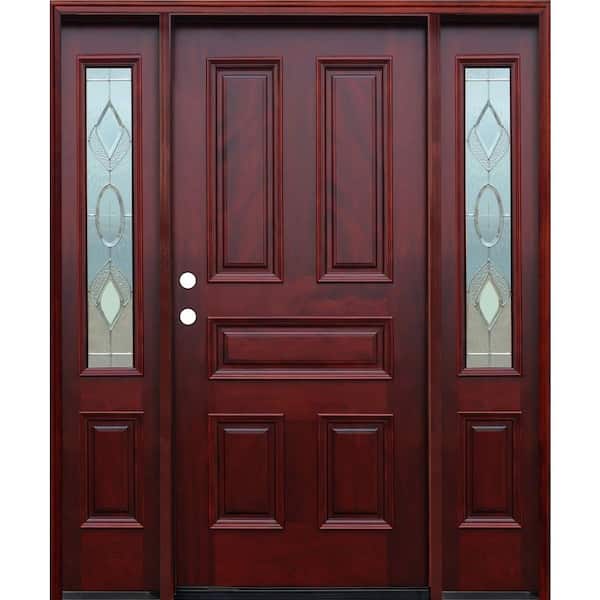 Pacific Entries 66 in. x 80 in. Classic Strathmore Traditional 5-Panel Stained Mahogany Wood Prehung Front Door with 12 in. Sidelites