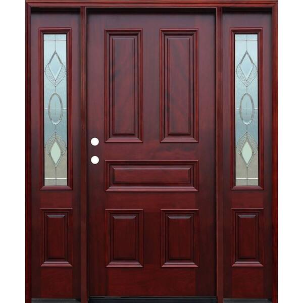 Pacific Entries 70 in. x 80 in. Classic Strathmore Traditional 5-Panel Stained Mahogany Wood Prehung Front Door with 14 in. Sidelites