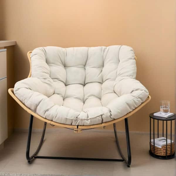 Metal Outdoor Rocking Chair, Indoor Papasan Chair, Rattan Lounge Chair with Beige Cushion for Bedroom, Living Room