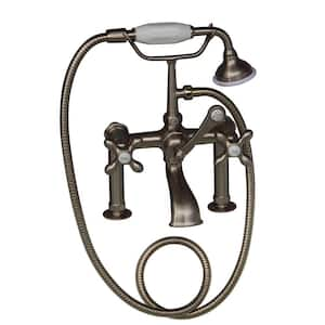 3-Handle Rim-Mounted Claw Foot Tub Faucet with Elephant Spout and Hand Shower in Brushed Nickel