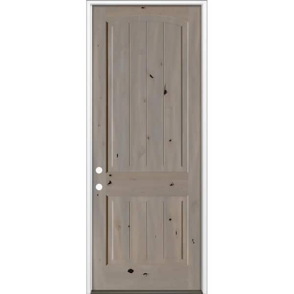 32 in x 96 in Rustic Knotty Alder Top Arch V-Groove Right-Hand/Inswing BEHR Weathered Gray Stain Wood Prehung Front Door