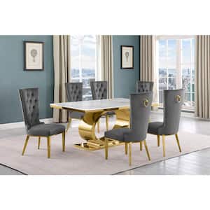 Ibraim 7-Piece Rectangle White Marble Top With Gold Stainless Steel Base Dining Set With 6-Dark Grey Velvet Fabric Chair