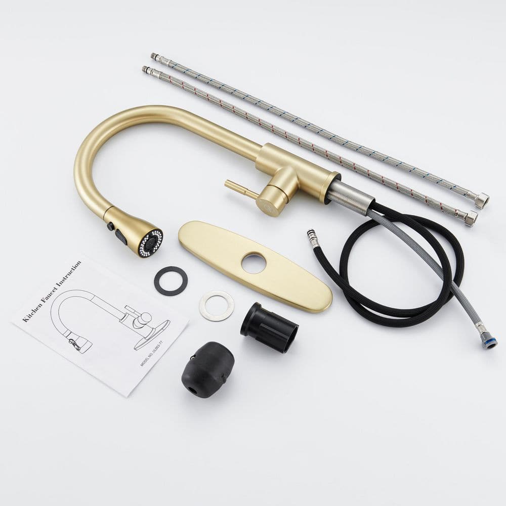 Brushed Gold Stainless Steel High Arc Kitchen Faucet with Pull-out Spray