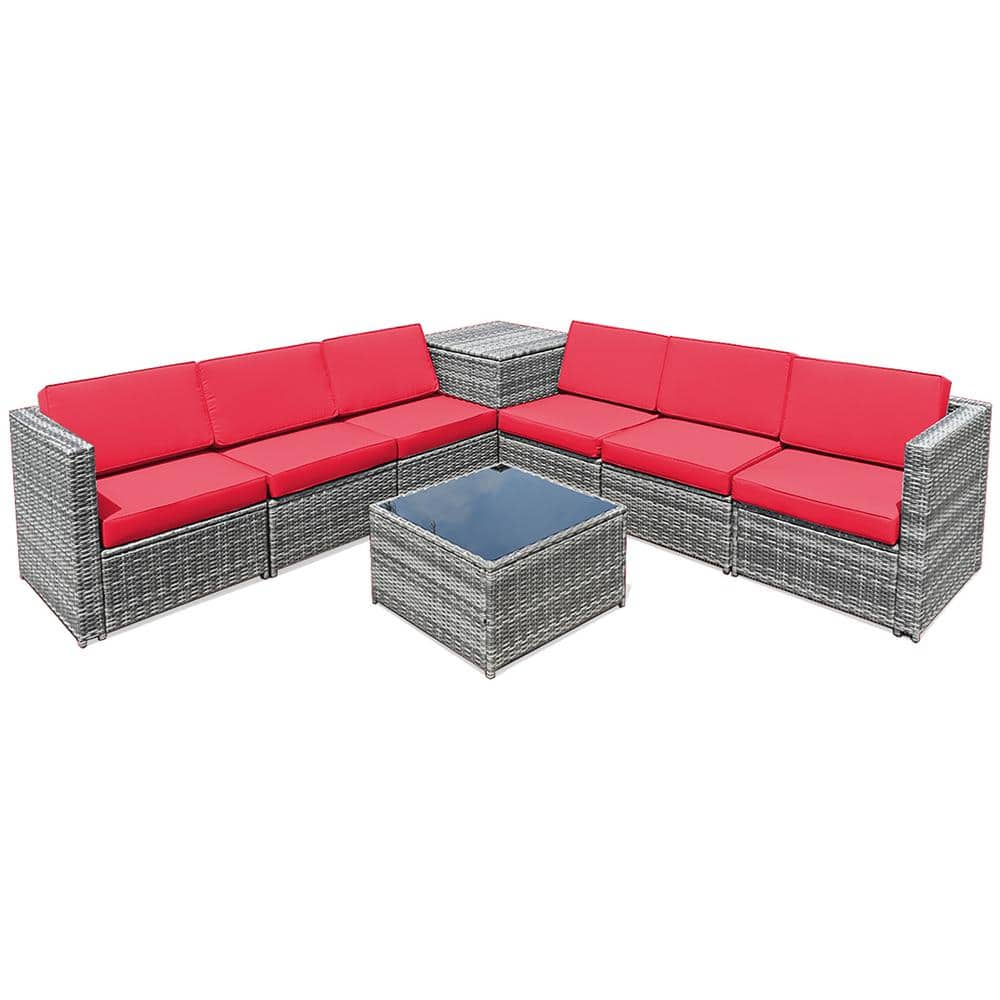 8-Piece Red Cushioned Wicker Rattan Patio Sofa Set with Storage Table