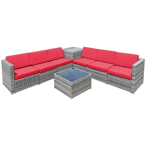 8-Piece Wicker Patio Conversation Set Rattan Furniture Storage Table with Red Cushions