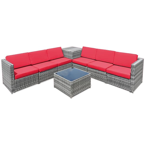 8-Piece Wicker Patio Conversation Set Rattan Furniture Storage Table with Red Cushions