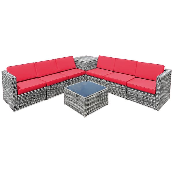 Costway 8-Piece Wicker Patio Conversation Set Rattan Furniture Storage Table with Red Cushions