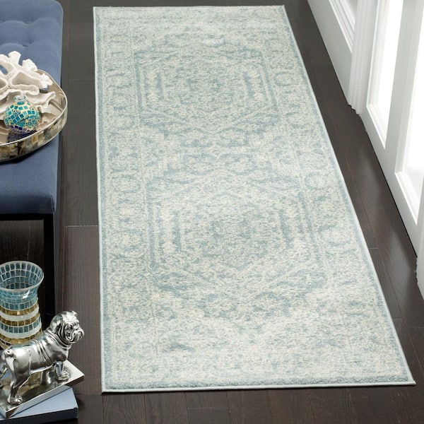 Adirondack Slate/Ivory 3 ft. x 12 ft. Border Medallion Runner Rug