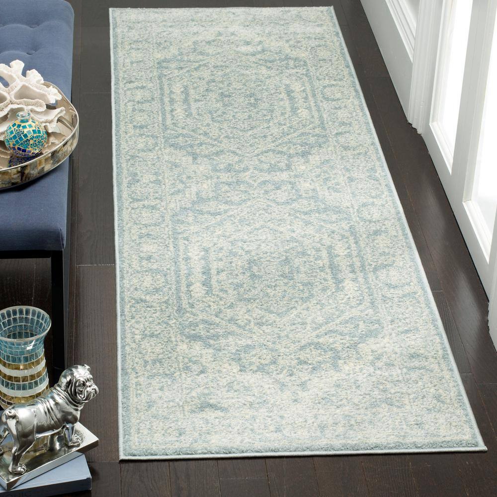 Slate and Ivory Medallion Synthetic Runner Rug, 2'6" x 16'
