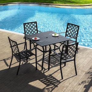 Black 5-Piece Metal Patio Outdoor Dining Set with Stackable Chairs