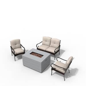 Brittlyn Gray 4-Piece Concrete Patio Fire Pit Conversation Sofa Set with Beige Cushions