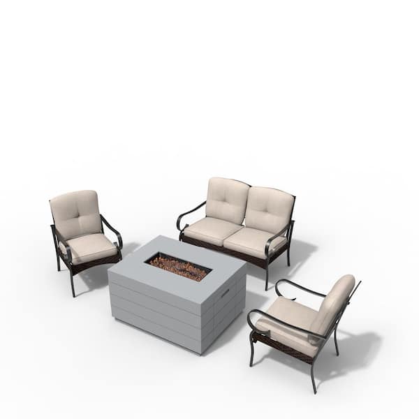 moda furnishings Brittlyn Gray 4-Piece Concrete Patio Fire Pit Conversation Sofa Set with Beige Cushions