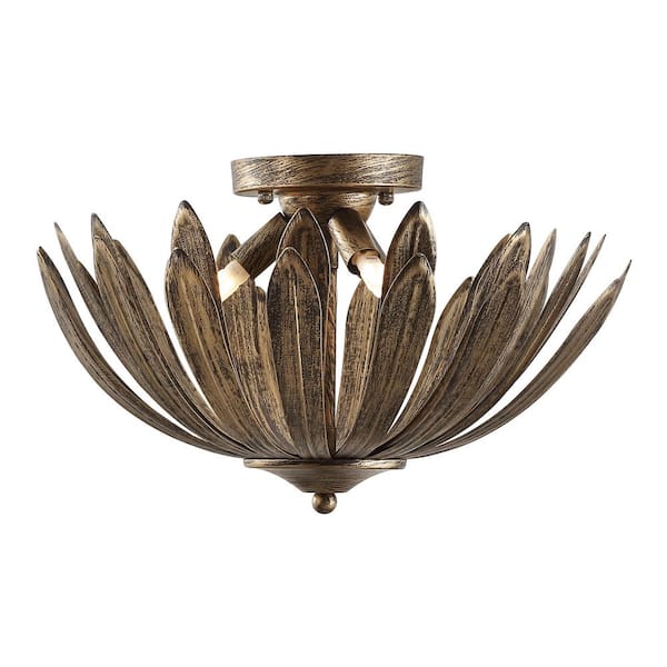 MLiAN 15 in. 3Light Antique Gold Leaf SemiFlush Mount Ceiling Light