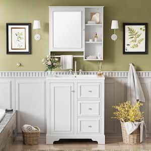 30 in. W Freestanding Bath Vanity in White with White ceramic basin Top,3 drawers, adjustable shelves and Mirror cabinet