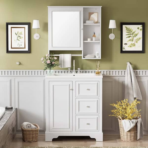 30 in. W Freestanding Bath Vanity in White with White ceramic basin Top,3 drawers, adjustable shelves and Mirror cabinet
