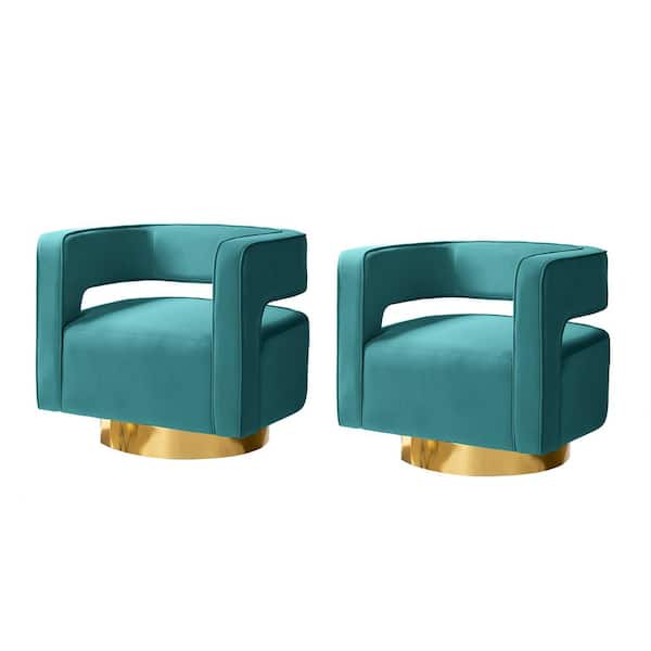 JAYDEN CREATION Gustaf Contemporary Blue Velvet Comfy Swivel Barrel Chair with Open Back and Metal Base (Set of 2)