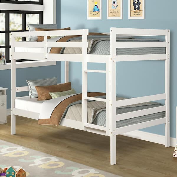 White Hardwood Twin Bunk Bed with Fixed Ladder