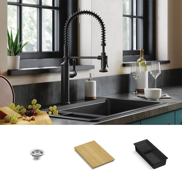 Lassen 33 in. Drop-in Single Bowl Granite Composite Kitchen Workstation Sink in Matte Black with Accessories