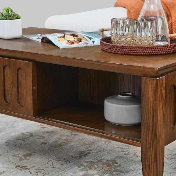 Walnut Mid Century Modern Fluted Coffee Table with Storage Sliding