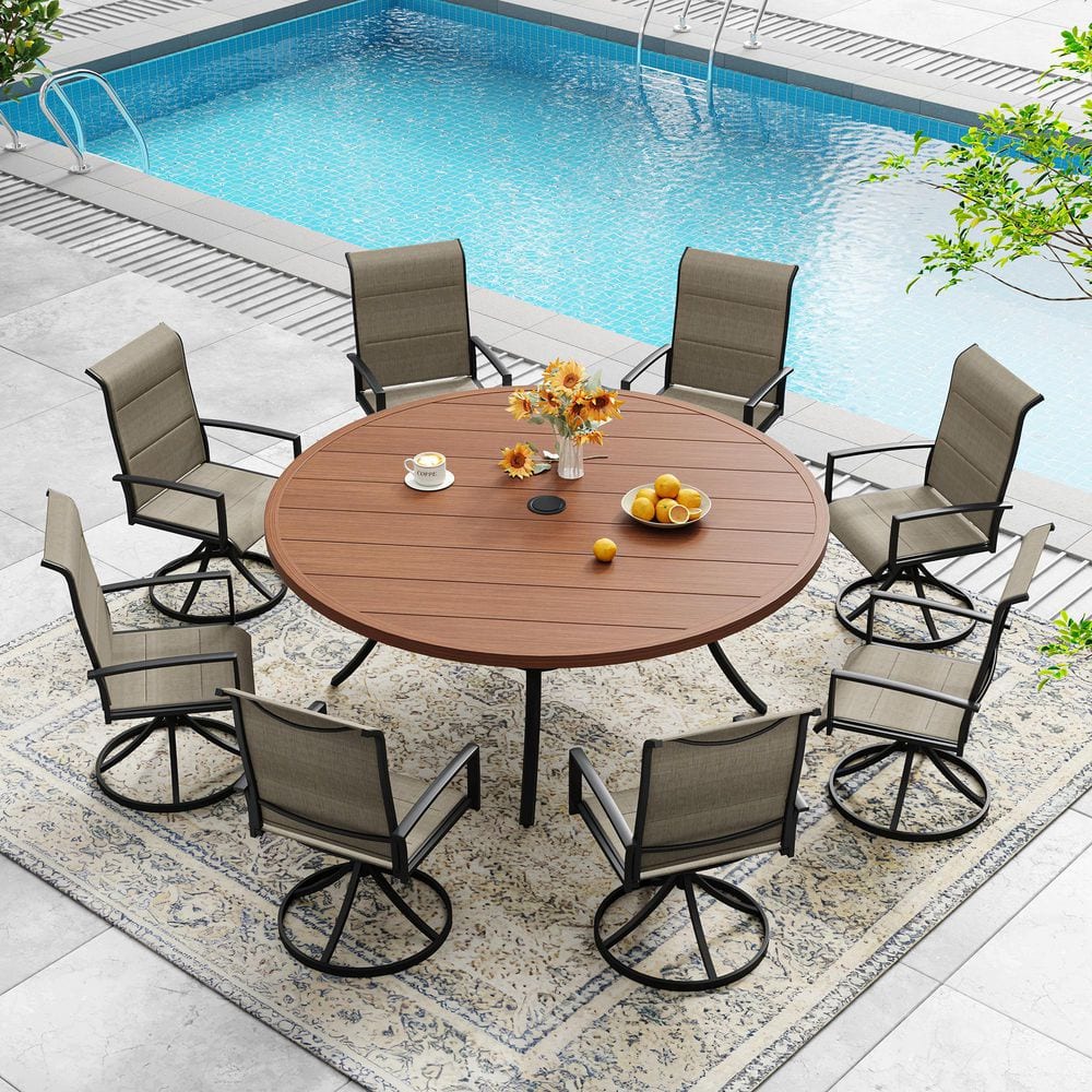9-Piece Metal Textilene Outdoor Patio Dining Set with 60 in. Walnut Round Table and 8 Swivel Dining Chairs in Brown price history on PriceWatchPro