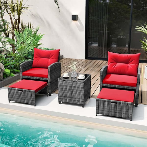 5-Piece Wicker Ottomans and Tempered Glass Coffee Table Patio Conversation Set with Red Cushions