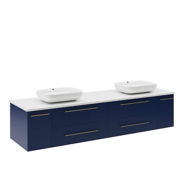 Lucera 72 in. Double Sink Wall Mount Floating Royal Blue Bath Vanity with White Quartz Top and Vessel Ceramic Sinks