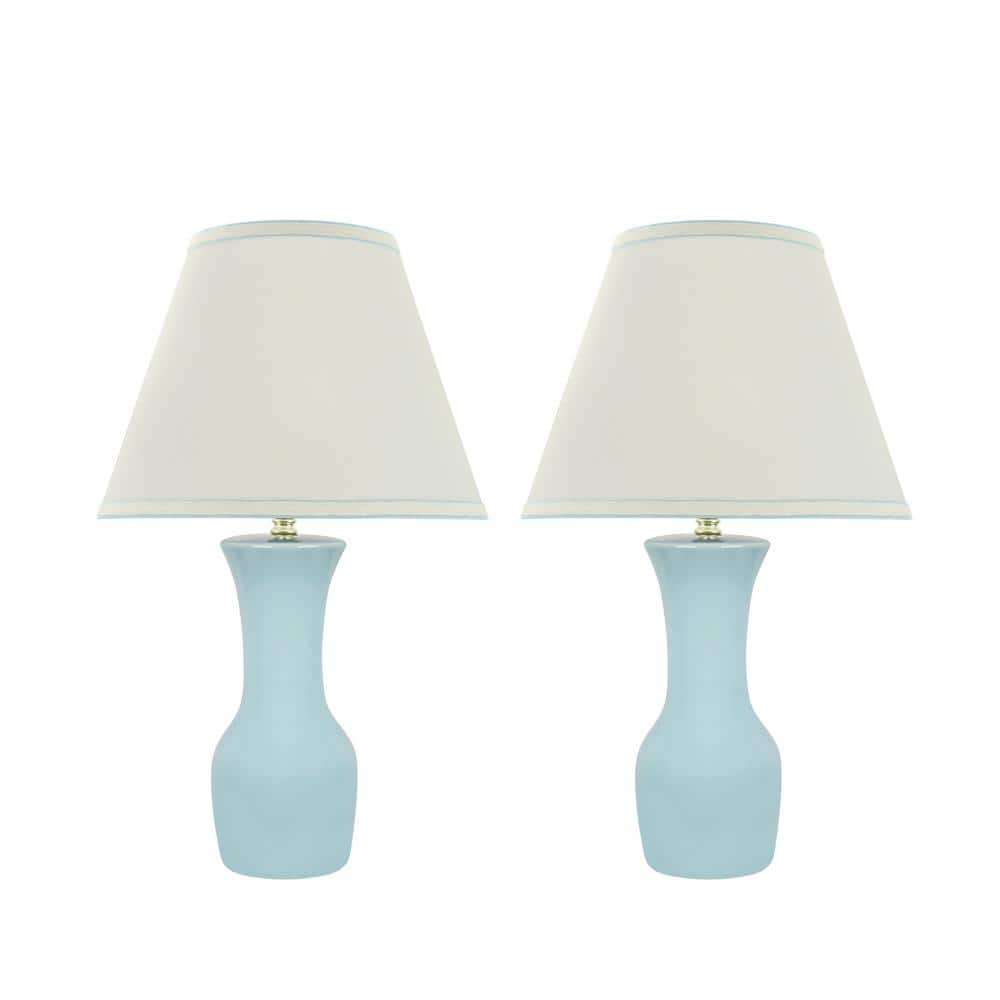 Light Blue Ceramic Table Lamp with Off-White Linen Shade, 21"