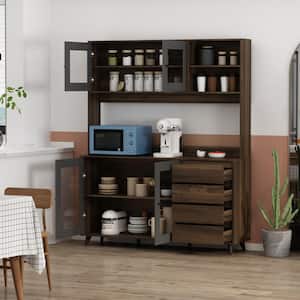 63 in. L Brown Storage Cabinet with 4-Drawers, Hooks, Open Shelves, Doors, Adjustable Legs for Kitchen Dining Room