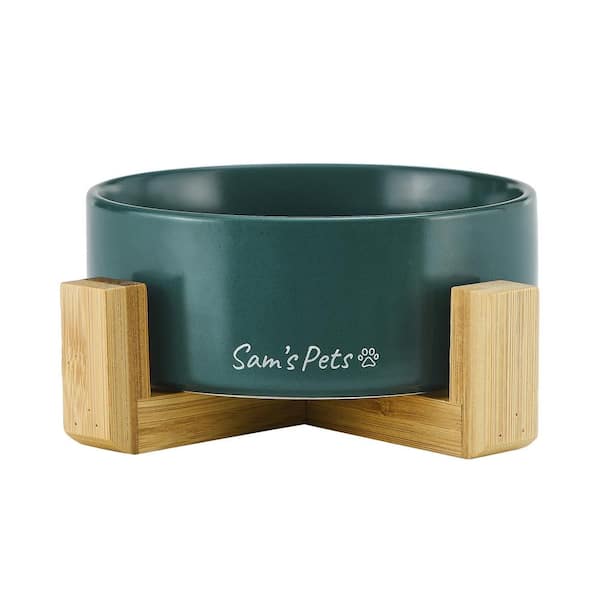 Sam's Pets 5.11 in. Coco Single Pet Bowl with Wood Stand in Green