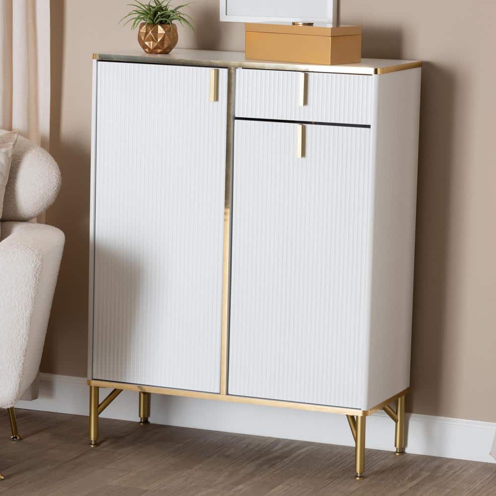 Lilac White Wood and Gold Metal 2-Door Shoe Cabinet