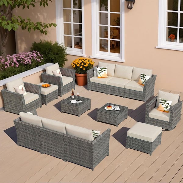 OVIOS Bexley Gray 13-Piece Wicker Patio Conversation Seating Set with Fine-Stripe Beige Cushions and Swivel Chairs