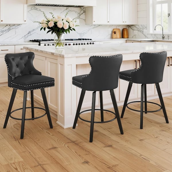 Apollo 27 in. Counter Stool Black Faux Leather Upholstered Button Tufted Swivel Bar Stool with Wood Frame Set of 3