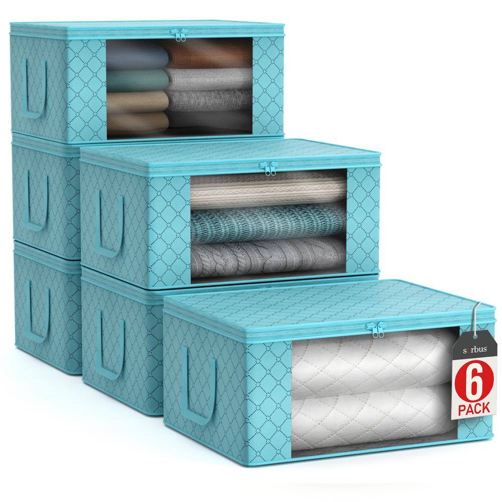 Foldable Storage Bag Organizers with Clear Window and Handles, Blue 19 in. x 7.5 in. Fabric Decorative Box Set of 6